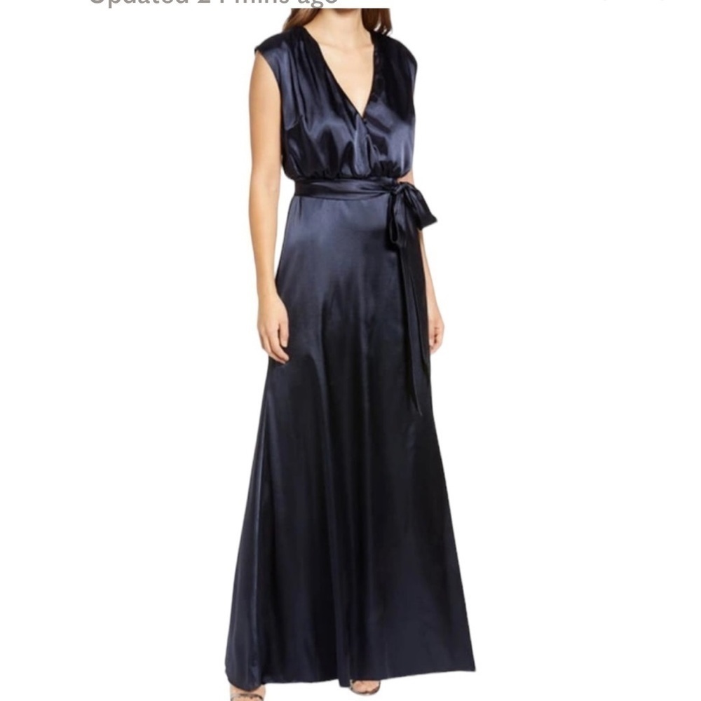 Dessy Collection V Neck Stretch Satin Charmeuse Gown In Midnight Blue